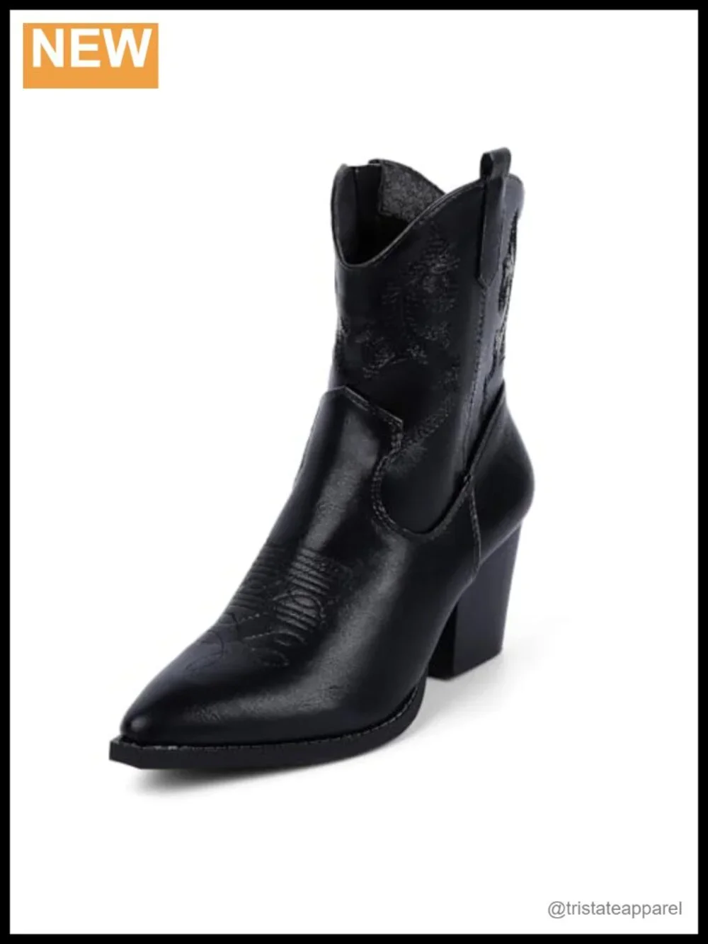 Women Ankle Cowboy Boots Pointed Toe Chunky Heel Embroidery Zipper Pull On